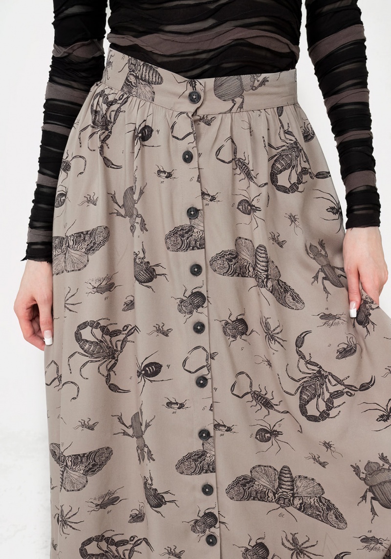 Disturbia Parasite Bugs Print Button Down Midi Skirt - Taupe | IP0698321