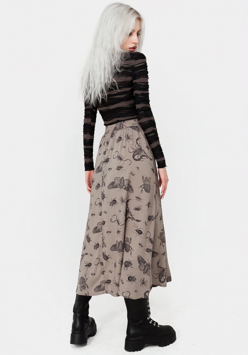 Disturbia Parasite Bugs Print Button Down Midi Skirt - Taupe | IP0698321