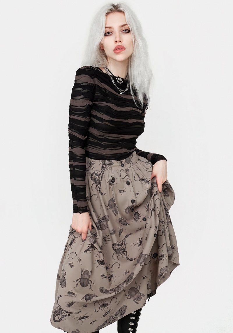 Disturbia Parasite Bugs Print Button Down Midi Skirt - Taupe | IP0698321