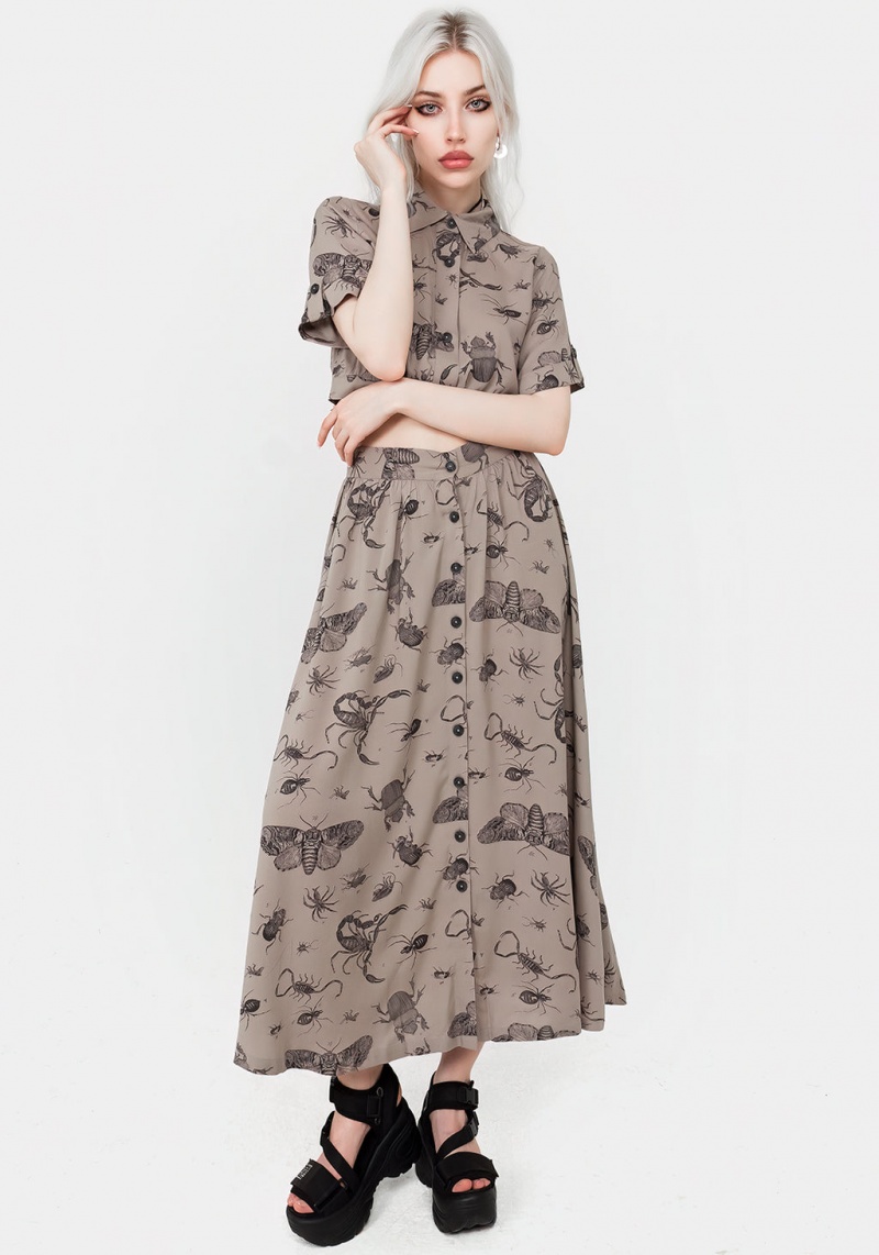 Disturbia Parasite Bugs Print Button Down Midi Skirt - Taupe | IP0698321