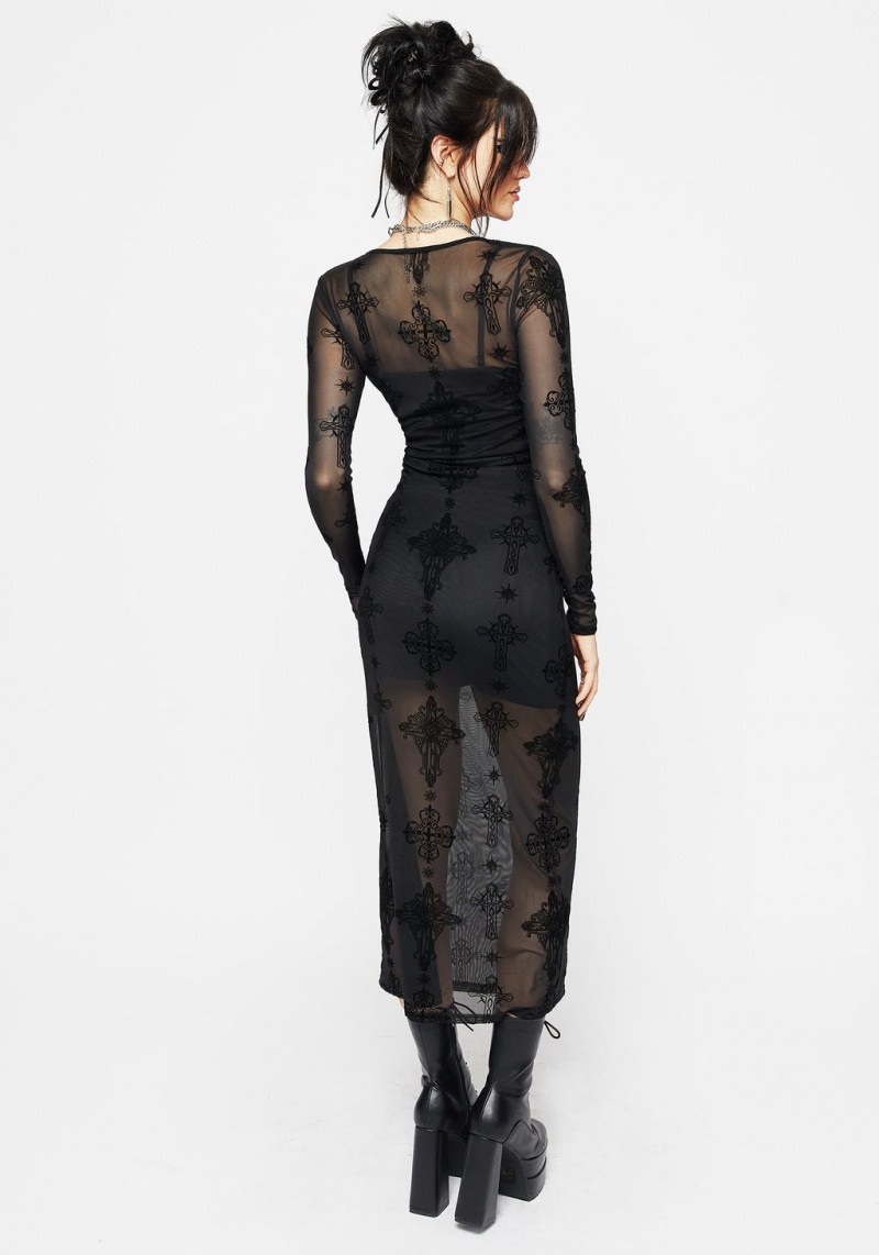 Disturbia Priestess Flocked Mesh Maxi Šaty | KC0594381