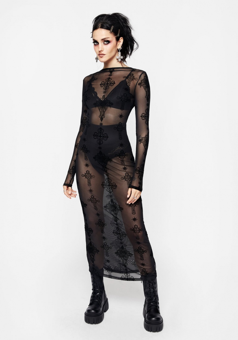 Disturbia Priestess Flocked Mesh Maxi Šaty | KC0594381