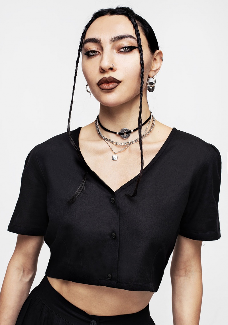 Disturbia Realm Button Down Crop Top - Midnight Black | BP8576013