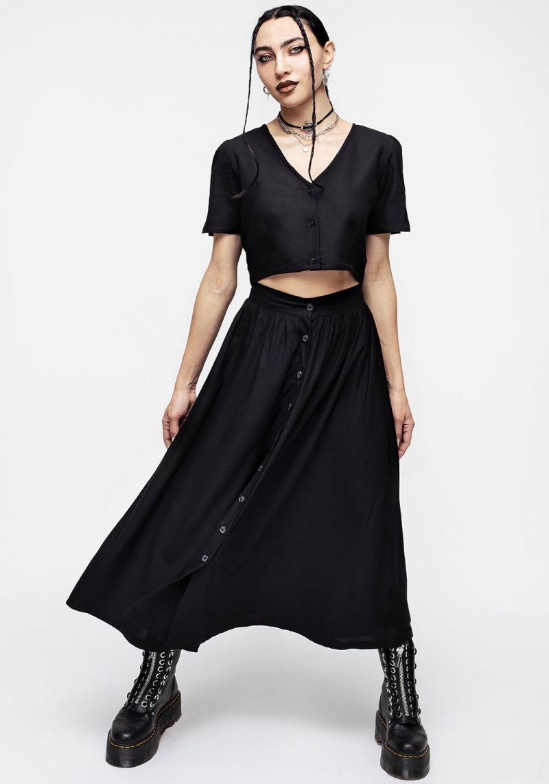 Disturbia Realm Button Down Crop Top - Midnight Black | BP8576013