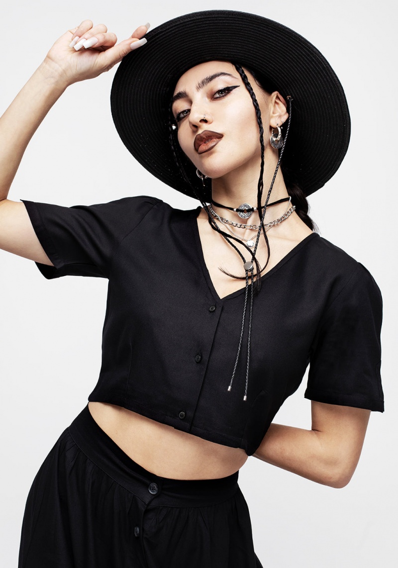 Disturbia Realm Button Down Crop Top - Midnight Black | BP8576013