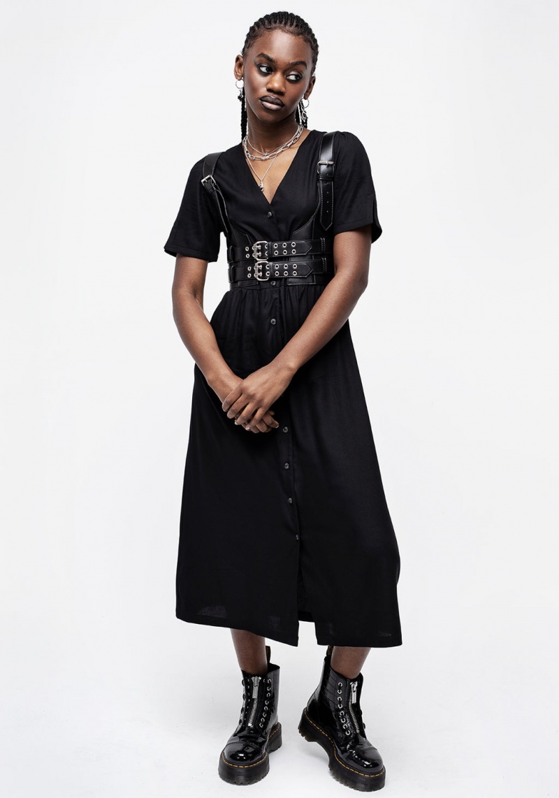 Disturbia Realm Button Down Midi Šaty - Midnight Black | PO2863594