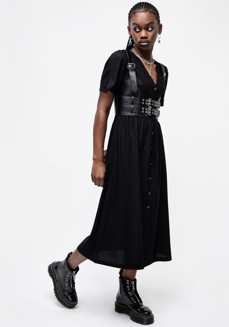 Disturbia Realm Button Down Midi Šaty - Midnight Black | PO2863594