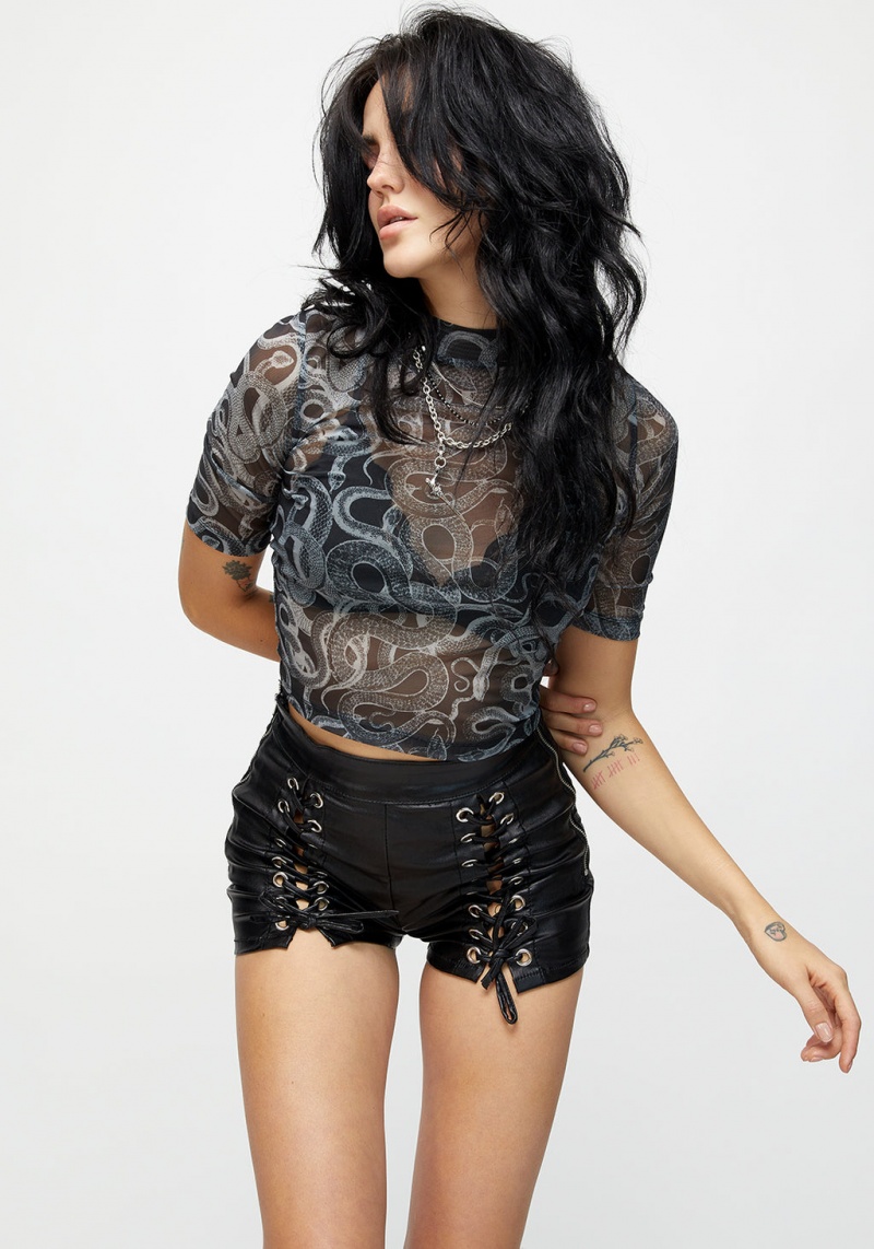 Disturbia Serpente Print Mesh Krátké Sleeve Crop Top | ZI7584106