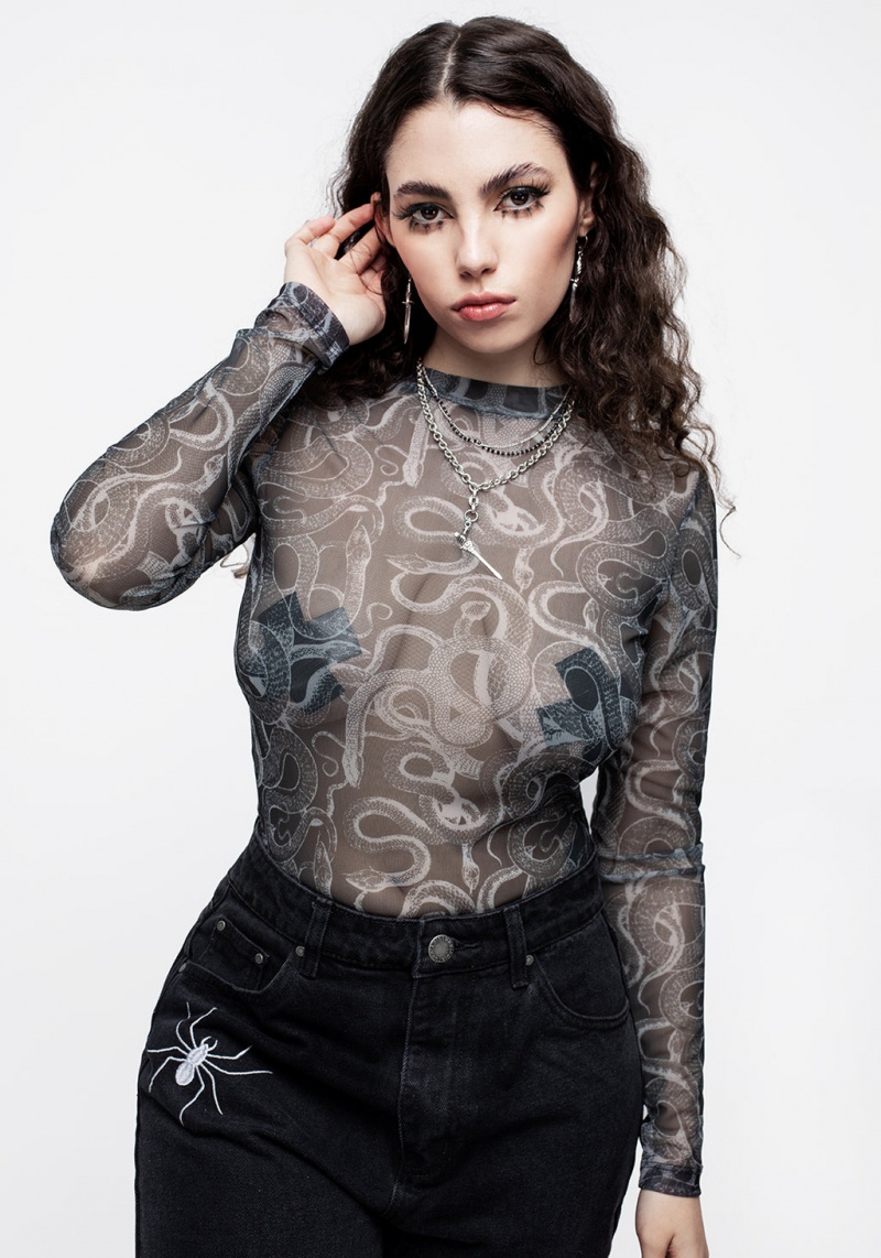 Disturbia Serpente Print Mesh Long Sleeve Bodysuit | LK4630579