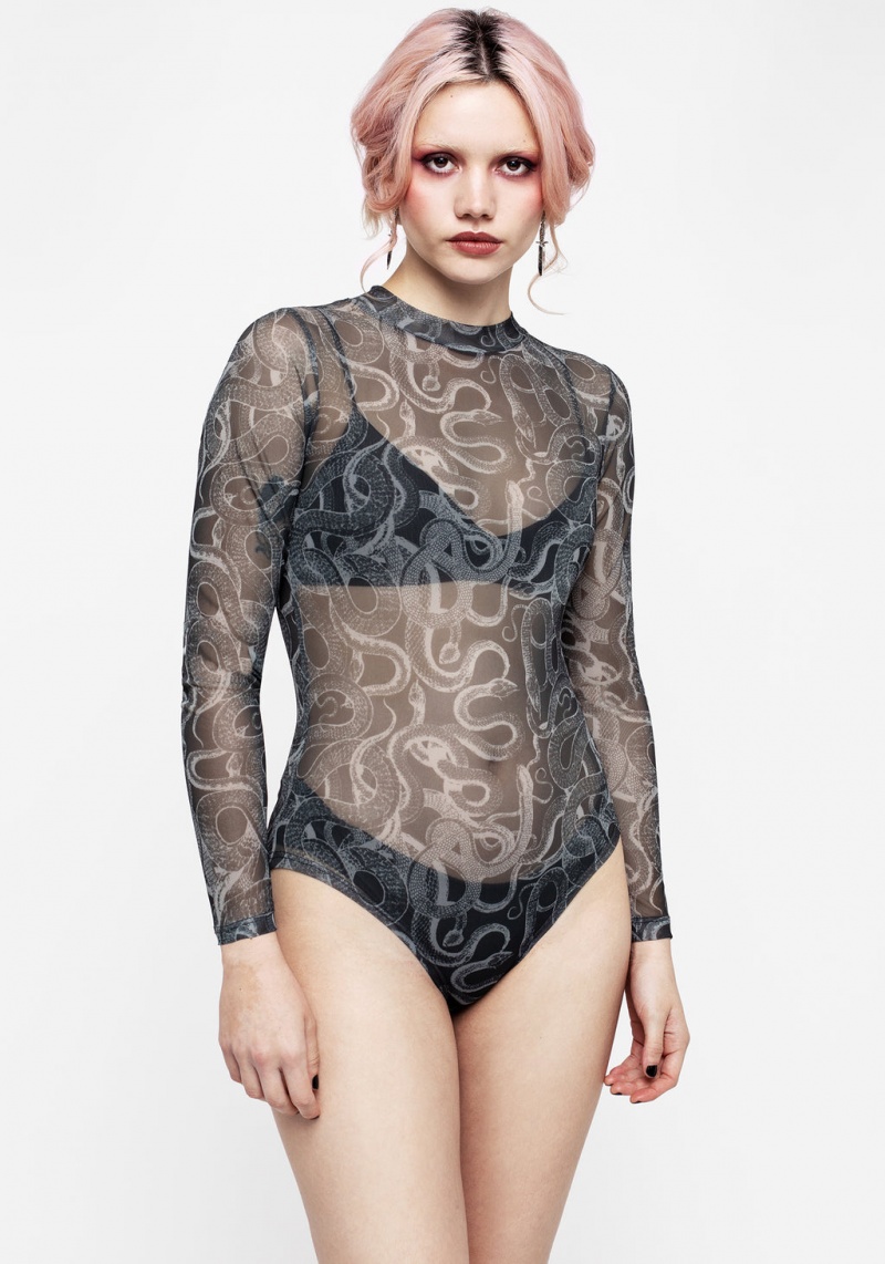 Disturbia Serpente Print Mesh Long Sleeve Bodysuit | LK4630579