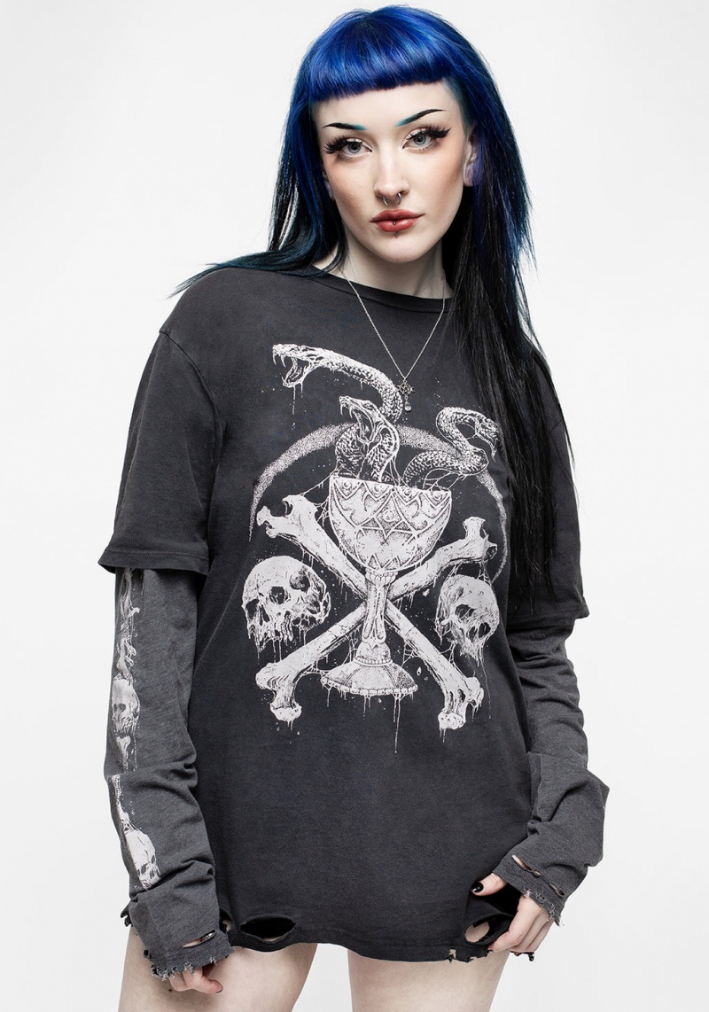 Disturbia Temptation Snakes Unisex Layered Distressed Long Sleeve T-shirt | NA7314528