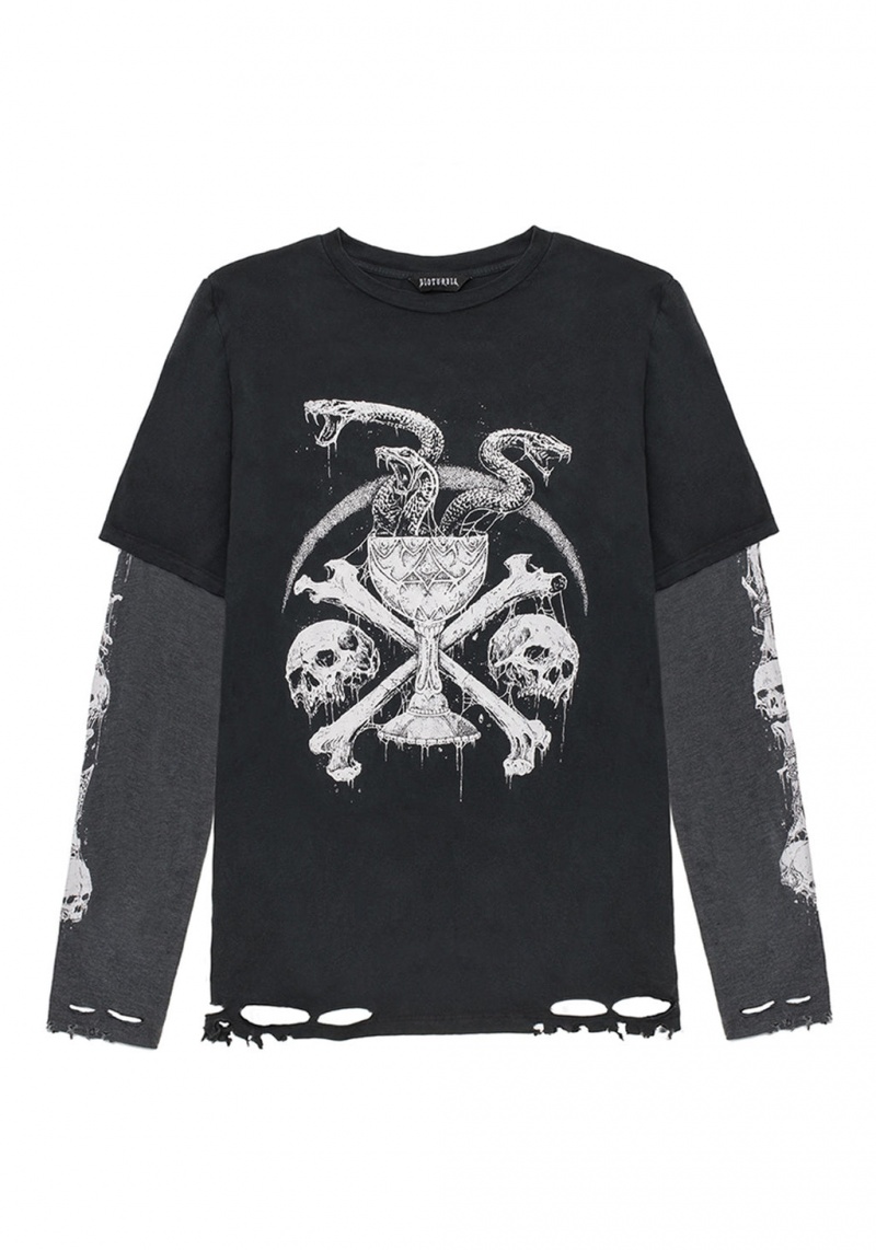 Disturbia Temptation Snakes Unisex Layered Distressed Long Sleeve T-shirt | YD2608975