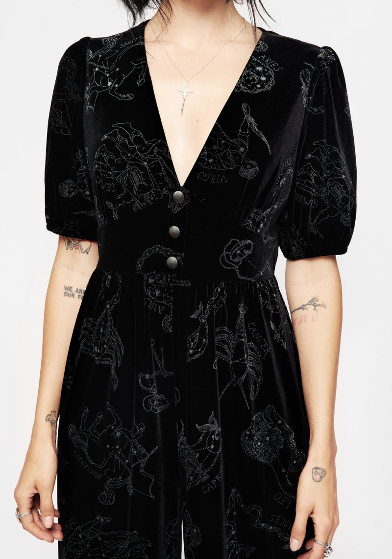 Disturbia Zodiac Foil Print Button Front Velour Jumpsuit | VD6259103