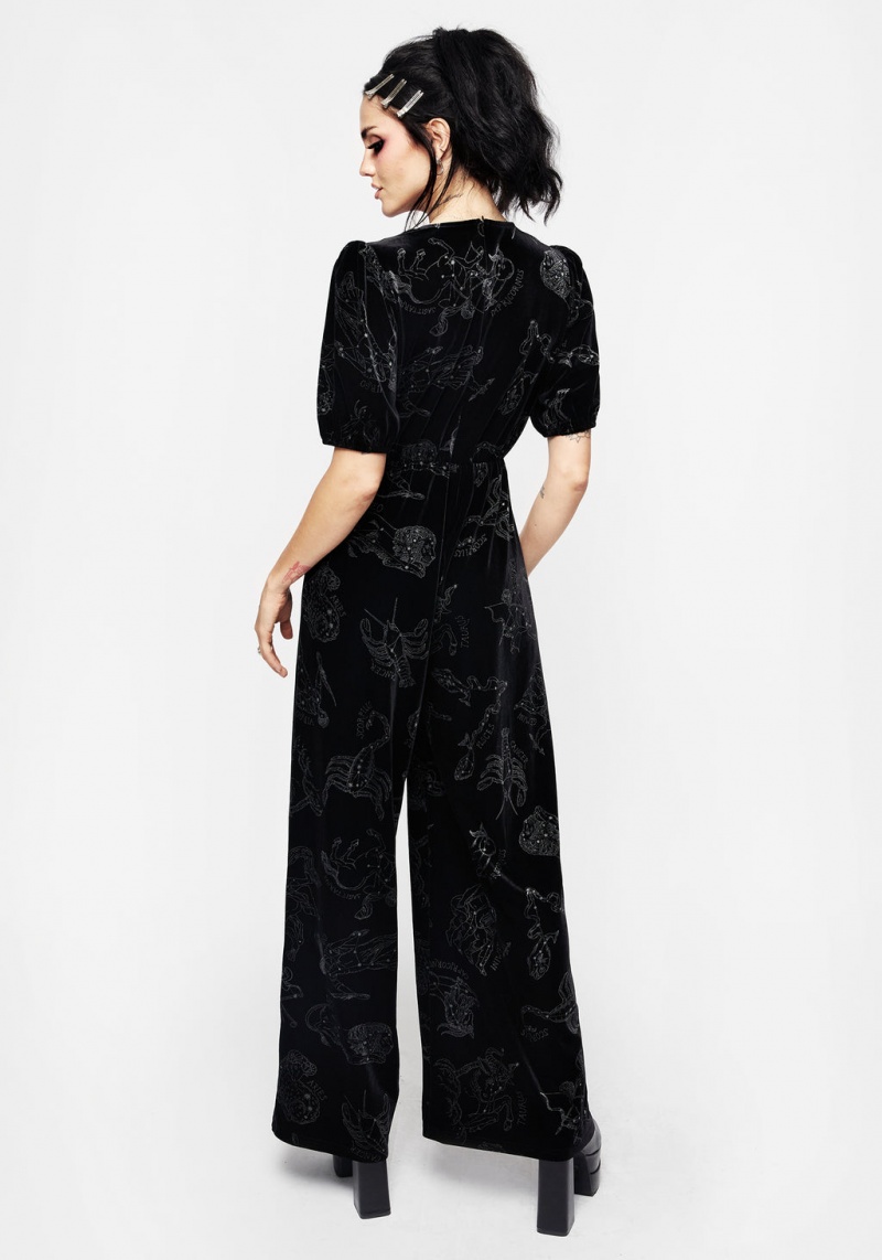 Disturbia Zodiac Foil Print Button Front Velour Jumpsuit | VD6259103