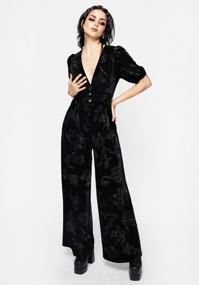 Disturbia Zodiac Foil Print Button Front Velour Jumpsuit | VD6259103