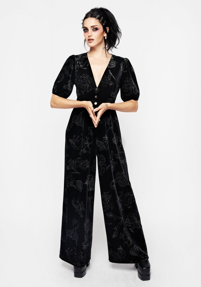 Disturbia Zodiac Foil Print Button Front Velour Jumpsuit | VD6259103