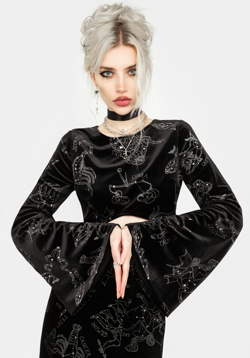 Disturbia Zodiac Foil Print Flute Sleeve Crop Top | PM5348701