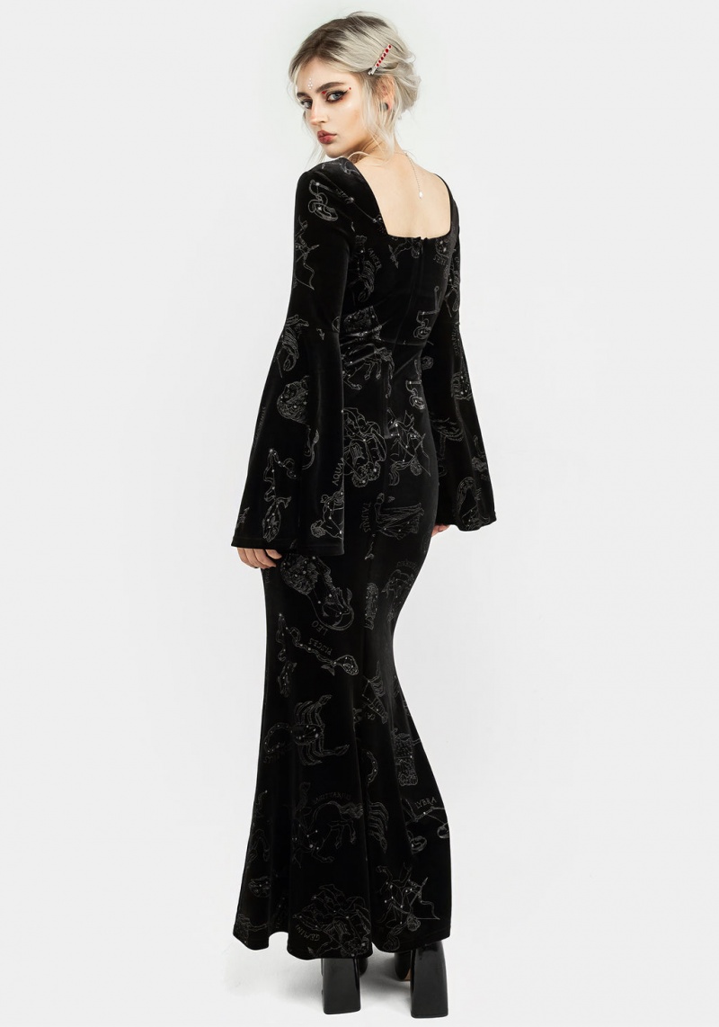 Disturbia Zodiac Foil Print Velour Flute Sleeve Maxi Gown | GL4305971