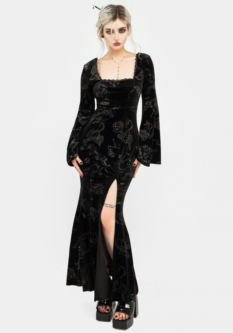 Disturbia Zodiac Foil Print Velour Flute Sleeve Maxi Gown | GL4305971