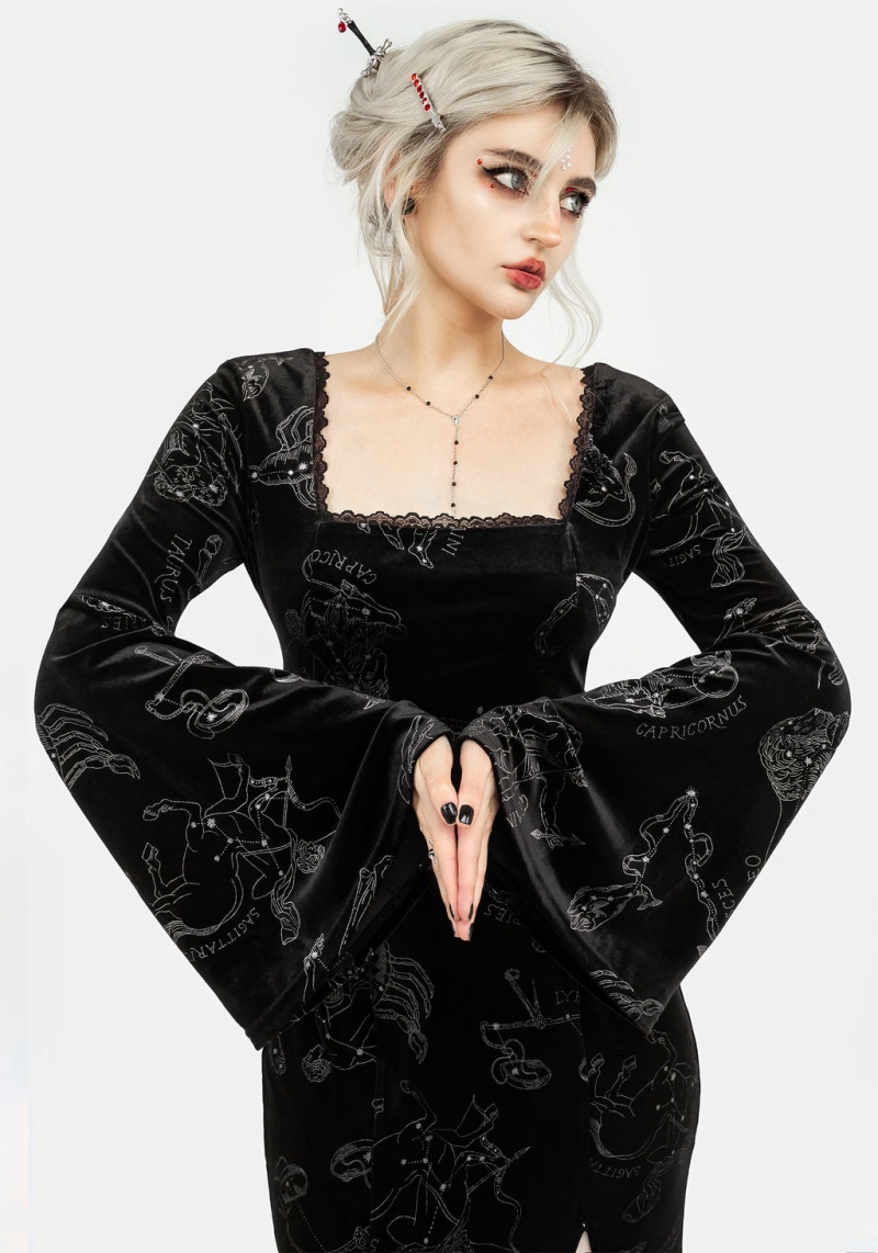 Disturbia Zodiac Foil Print Velour Flute Sleeve Maxi Gown | GL4305971