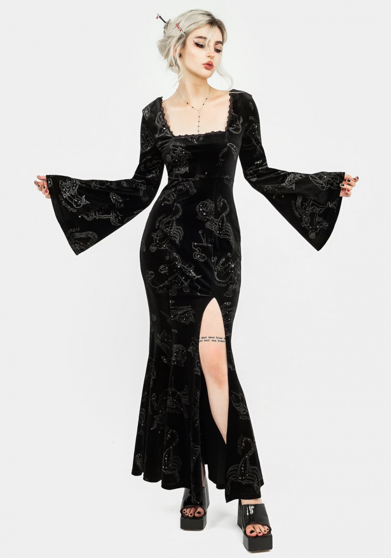 Disturbia Zodiac Foil Print Velour Flute Sleeve Maxi Gown | GL4305971